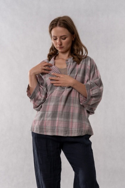 Bluzka oversize w kratę 100% bawełna - pudrowy róż