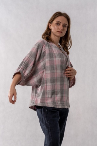Bluzka oversize w kratę 100% bawełna - pudrowy róż