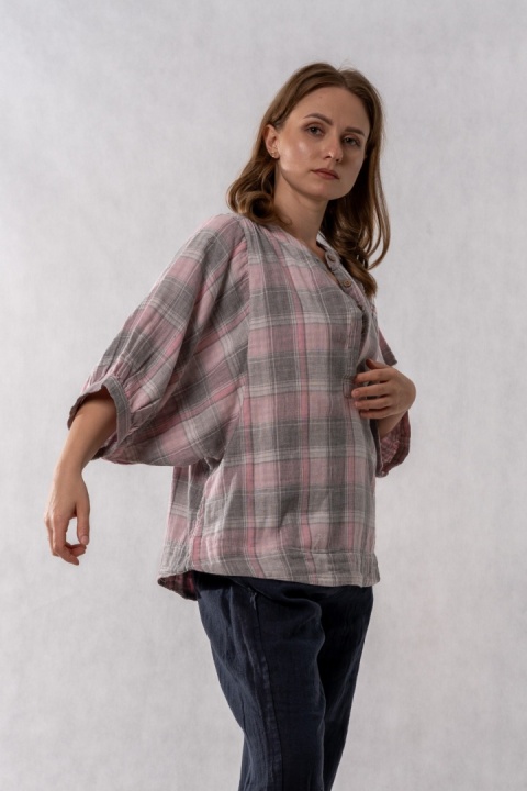 Bluzka oversize w kratę 100% bawełna - pudrowy róż