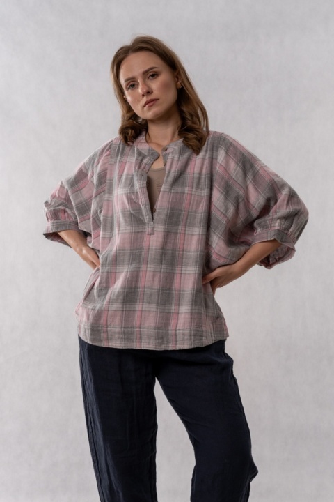 Bluzka oversize w kratę 100% bawełna - pudrowy róż