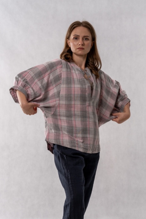 Bluzka oversize w kratę 100% bawełna - pudrowy róż