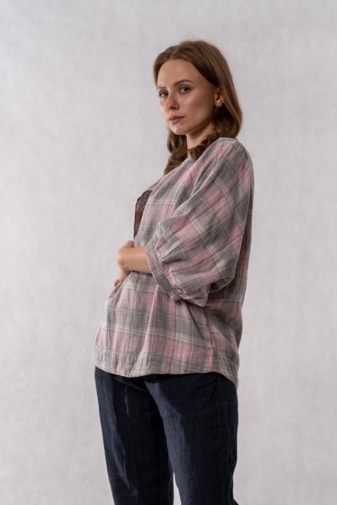 Bluzka oversize w kratę 100% bawełna - pudrowy róż