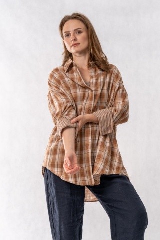 Koszula Oversize w Beżowo-Karmelową Kratę
