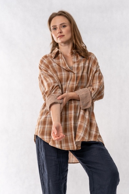 Koszula Oversize w Beżowo-Karmelową Kratę