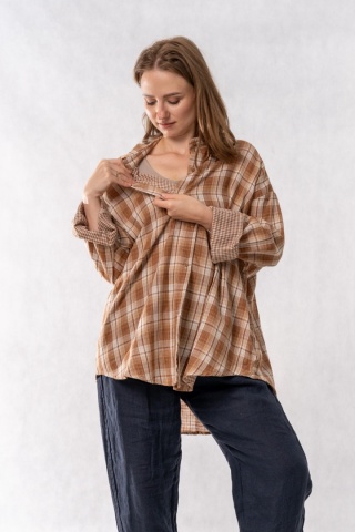 Koszula Oversize w Beżowo-Karmelową Kratę