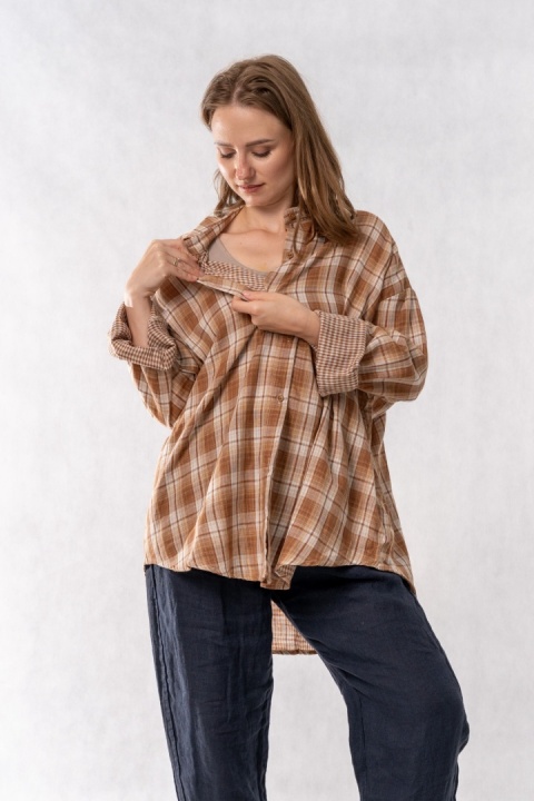 Koszula Oversize w Beżowo-Karmelową Kratę