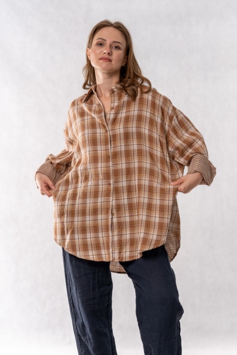 Koszula Oversize w Beżowo-Karmelową Kratę