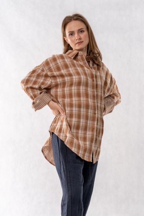 Koszula Oversize w Beżowo-Karmelową Kratę