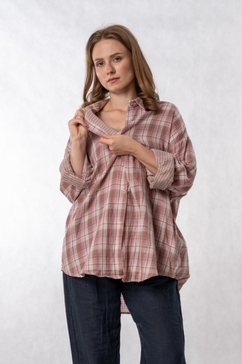 Koszula Oversize w Pudrowo-Różową Kratę
