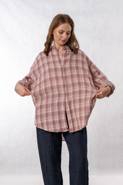 Koszula Oversize w Pudrowo-Różową Kratę