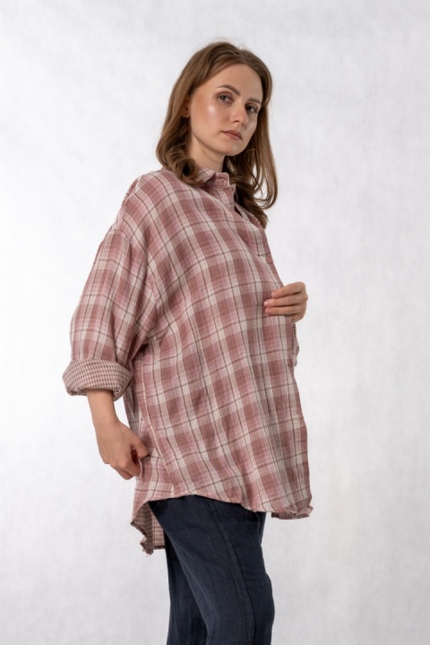 Koszula Oversize w Pudrowo-Różową Kratę