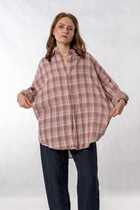 Koszula Oversize w Pudrowo-Różową Kratę