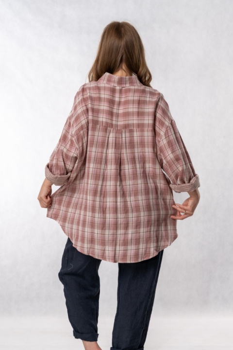 Koszula Oversize w Pudrowo-Różową Kratę