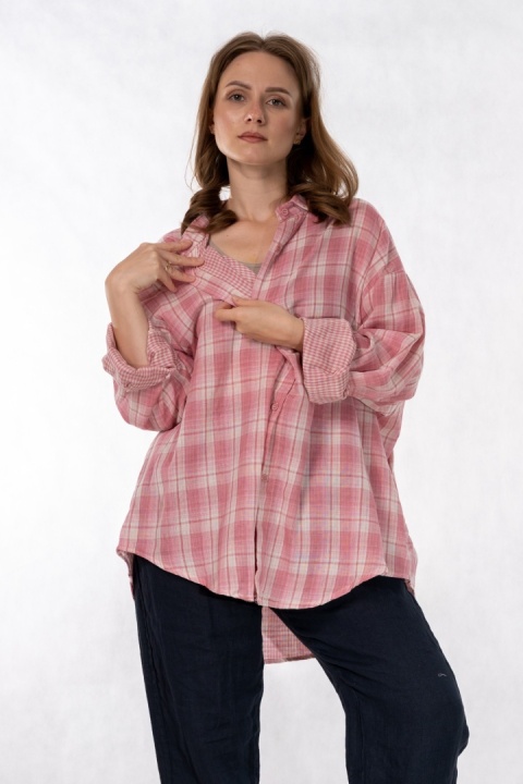 Koszula Oversize w Różowo-Białą Kratę
