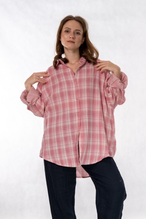 Koszula Oversize w Różowo-Białą Kratę