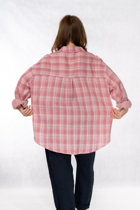 Koszula Oversize w Różowo-Białą Kratę