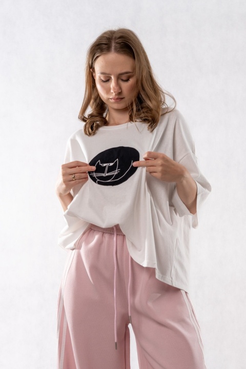 T-shirt Oversize „Cat” - Biały