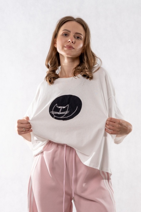 T-shirt Oversize „Cat” - Biały
