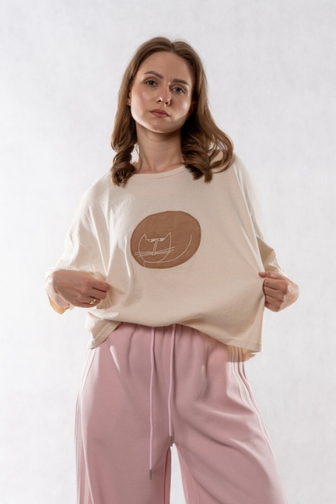T-shirt Oversize „Cat” - Beżowy