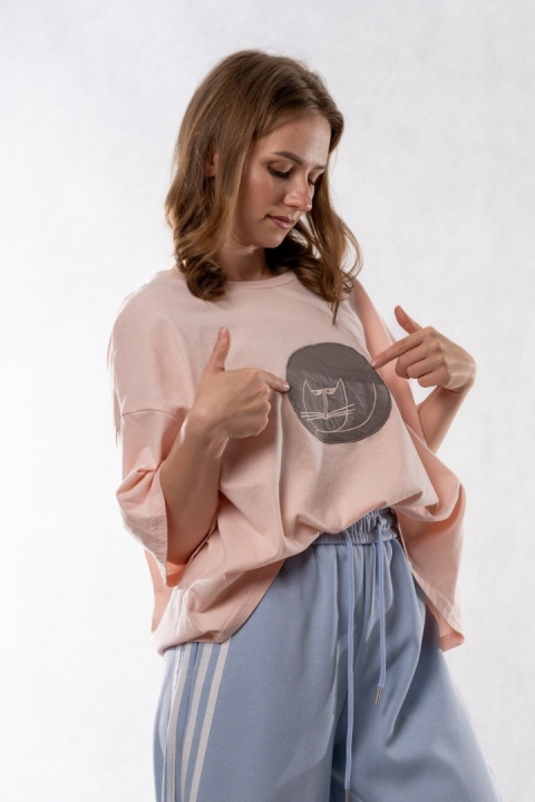T-shirt Oversize „Cat" - Pudrowy róż
