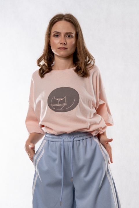 T-shirt Oversize „Cat" - Pudrowy róż