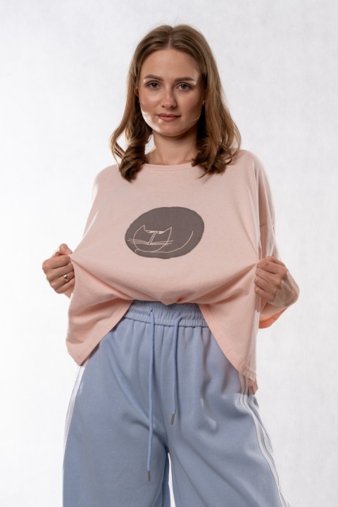 T-shirt Oversize „Cat" - Pudrowy róż