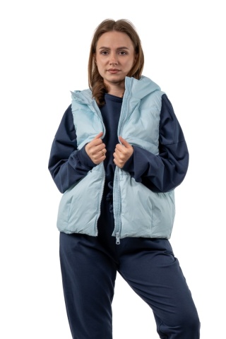 Kamizelka damska puchowa z naturalnym puchem z kapturem – Baby Blue