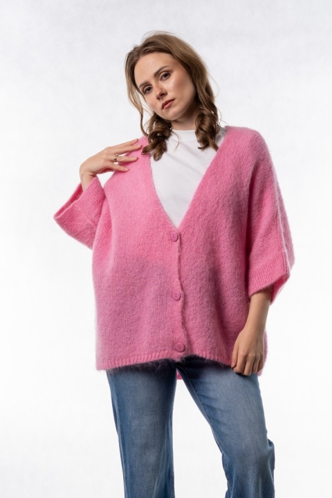 Kardigan moherowy CXL - oversize - Jasny róż