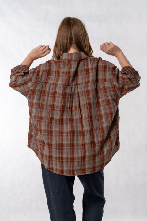 Koszula oversize BAOYU w kratę ceglasto-beżową