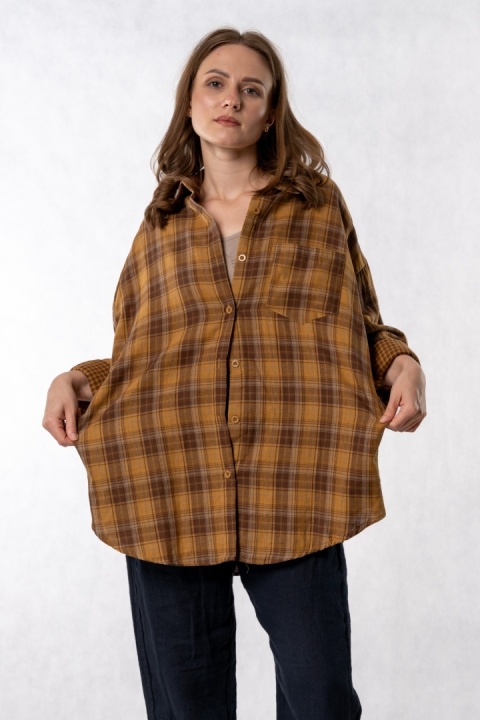 Koszula oversize BAOYU w kratę musztardowo-brązową