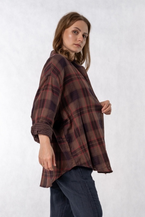 Koszula oversize BAOYU w kratę śliwkowo-brązową