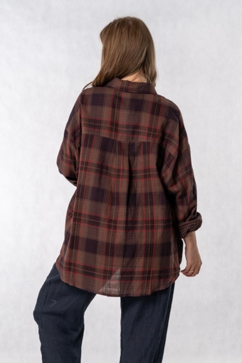 Koszula oversize BAOYU w kratę śliwkowo-brązową