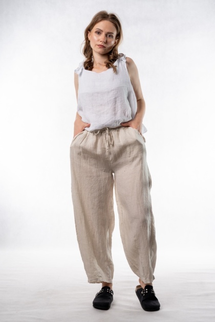Spodnie damskie 100% len WIYA – fason barrel leg - Sabbia