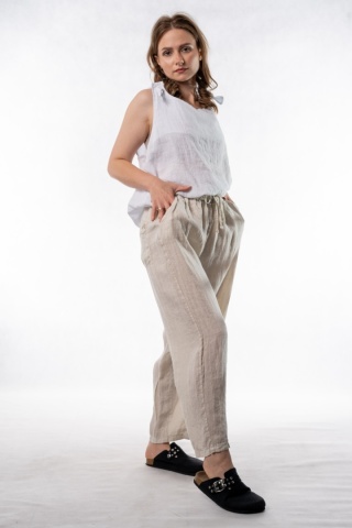 Spodnie damskie 100% len WIYA – fason barrel leg - Sabbia