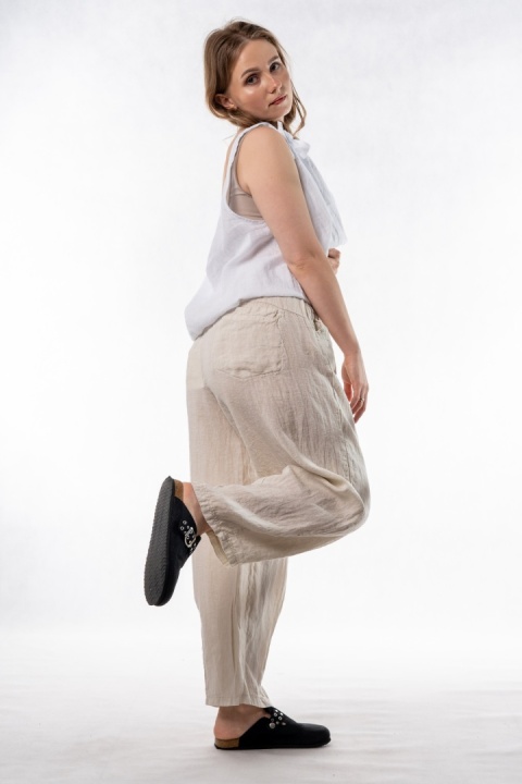 Spodnie damskie 100% len WIYA – fason barrel leg - Sabbia