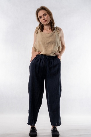 Spodnie damskie 100% len WIYA - fason barrel leg - Blu granatowe