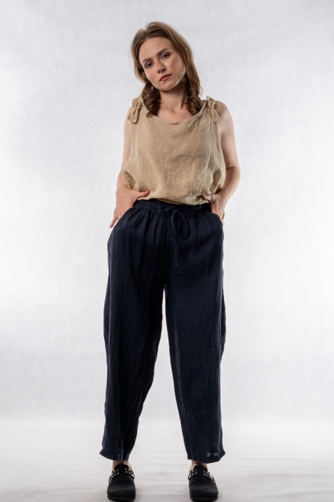 Spodnie damskie 100% len WIYA - fason barrel leg - Blu granatowe
