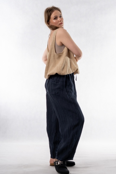 Spodnie damskie 100% len WIYA - fason barrel leg - Blu granatowe