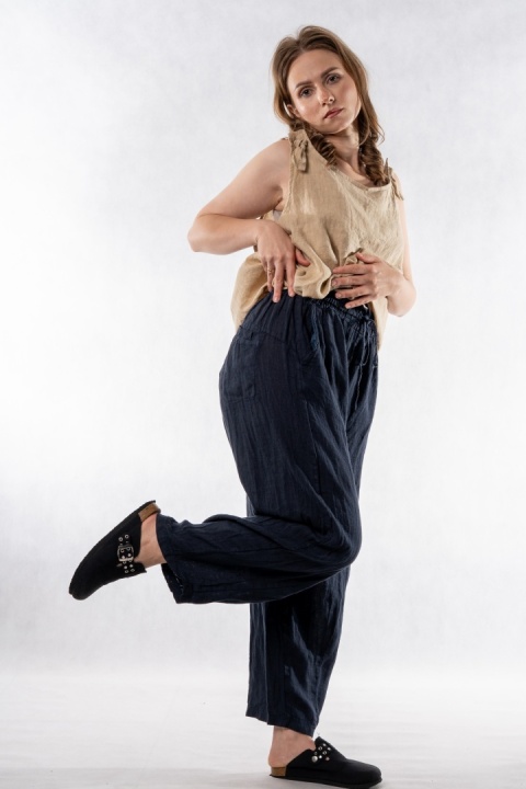 Spodnie damskie 100% len WIYA - fason barrel leg - Blu granatowe
