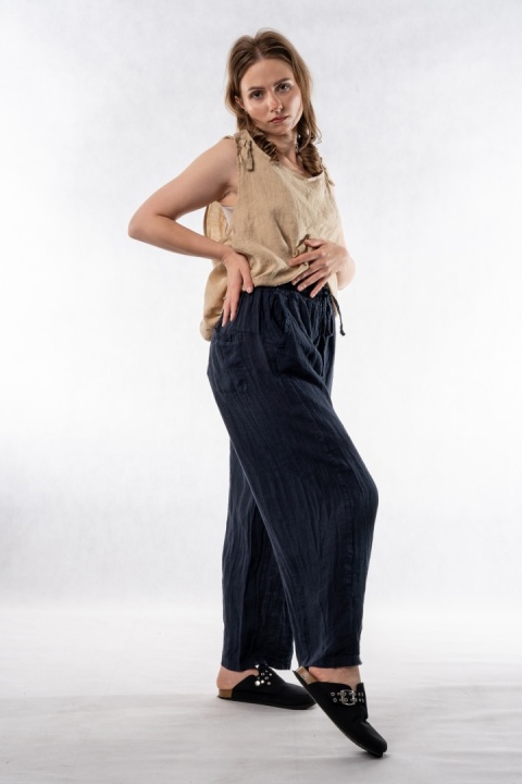 Spodnie damskie 100% len WIYA - fason barrel leg - Blu granatowe