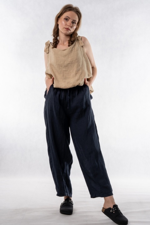 Spodnie damskie 100% len WIYA - fason barrel leg - Blu granatowe