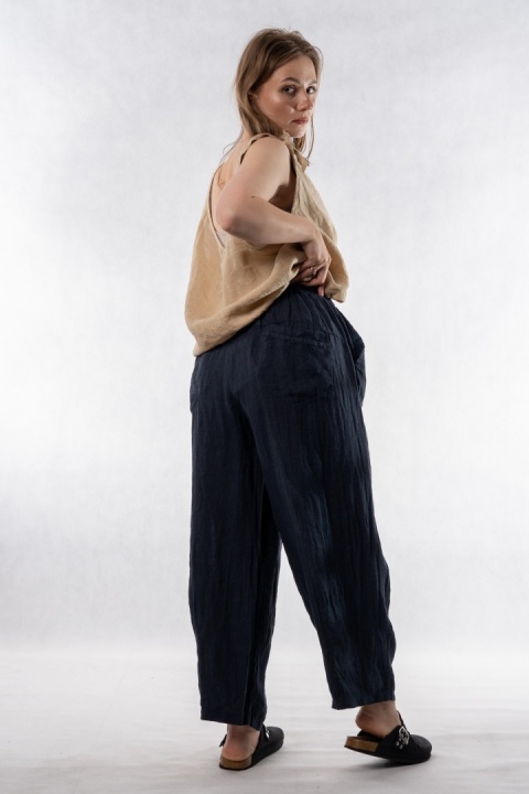 Spodnie damskie 100% len WIYA - fason barrel leg - Blu granatowe