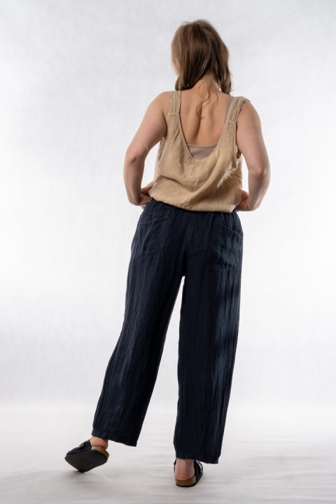 Spodnie damskie 100% len WIYA - fason barrel leg - Blu granatowe
