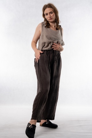 Spodnie damskie 100% len WIYA – fason barrel leg - Cacao