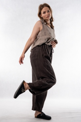 Spodnie damskie 100% len WIYA – fason barrel leg - Cacao