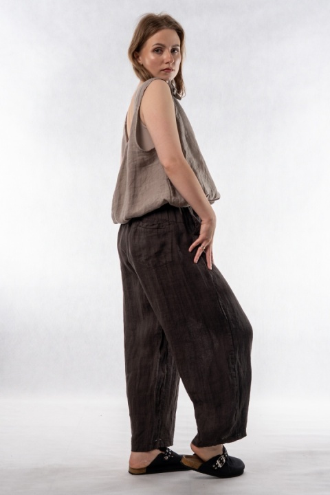 Spodnie damskie 100% len WIYA – fason barrel leg - Cacao