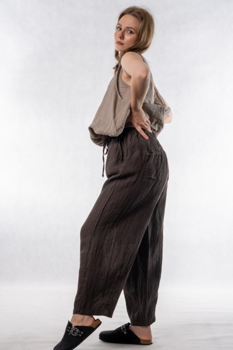 Spodnie damskie 100% len WIYA – fason barrel leg - Cacao