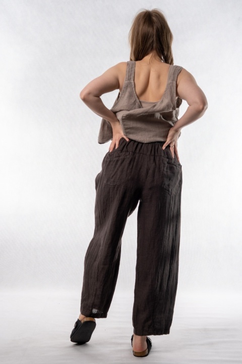 Spodnie damskie 100% len WIYA – fason barrel leg - Cacao