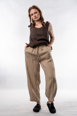 Spodnie damskie 100% len WIYA – fason barrel leg - Safari