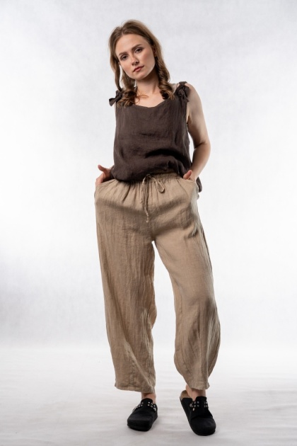 Spodnie damskie 100% len WIYA – fason barrel leg - Safari
